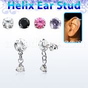 hexzd40 silver helix ear stud w dangling 3mm heart prongset cz 
