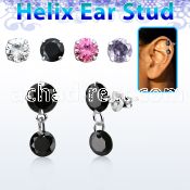 hexzd41 silver helix ear stud w dangling 5mm round prongset cz 