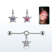 inddz3 steel industrial loop barbel w balls dangling star cz