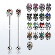 indsh23 316l steel industrial barbell w skull w crystal eyes