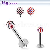lbdxu steel labret w a 3mm acrylic ball w checker pattern
