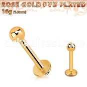 lbttb3 rose gold pvd plated 316l steel labret, w a 3mm ball