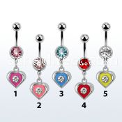 mcd408 316l steel belly banana with jewel ball painted heart