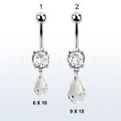 mcd710 steel belly banana w a dangling tear drop shaped crystal