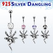 mcdvd12 316l steel cz belly banana w dangling silver fairy
