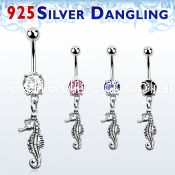 mcdvd13 steel cz belly banana w dangling silver sea horse
