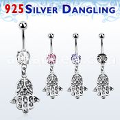 mcdvd14 316l steel cz belly banana w dangling silver hamsa