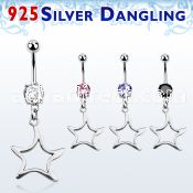 mcdvd8 316l steel cz belly banana w dangling silver star