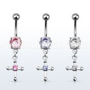 mcdz14 316l steel belly banana w prong cz cross w round cz