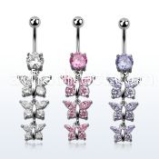 mcdz289 316l steel belly banana w a chain of 3 cz butterflies