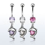 mcdz300 316 steel belly banana w prong cz dolphin w cz stone