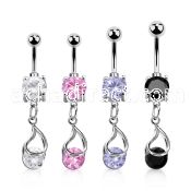 mcdz416 steel cz belly banana w dangling snap fit round cz 