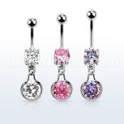 mcdz417 steel cz belly banana w round dangling w cz stone