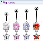 mcdz589 steel cz belly banana w dangling butterfly w cz