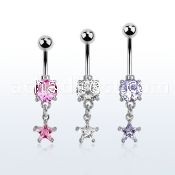 mcdzs6 steel belly banana w dangling prong set star shaped cz 