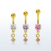 mdgz411 gold steel belly banana w dangling flower w cz stones