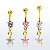 mdgz413 gold steel belly banana w dangling flower w prongset cz