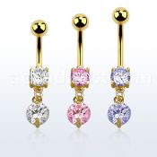 mdgz519 gold anodized belly banana w a dangling 8mm round cz