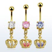 mdgz590 gold steel belly banana w cz dangling crown w cz
