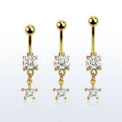 mdgzs6 gold steel belly banana w dangling prong set cz star