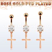 mdrz757 rose gold steel belly banana w prong set cz plain cross