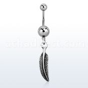 msd638 316l steel belly banana w a dangling curved feather