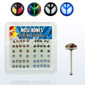 nblgx4 box of silver nose bones with assorted peace sign tops