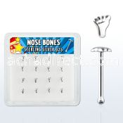 nbvft16 box of silver nose bones with silver foot shaped tops