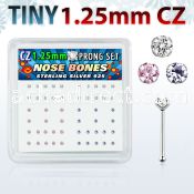 nbzbm12 box of silver nose bones with 1 25mm prong set cz