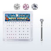 nbzbxm box of silver nose bones with assorted color prong cz