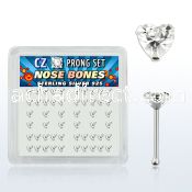 nbzhc box of silver nose bones with 3mm heart clear prong cz