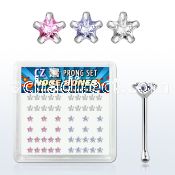 nbzsm box of silver nose bones with assorted color prong cz
