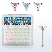 nbztrm silver nose bones w triangle assorted color prong cz