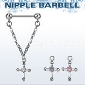 npdl3 steel nipple barbell w a dangling cross w cz stone