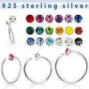 nrm14 silver nose hoop spiral w 2mm crystal top
