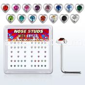 nshrbxm silver nose studs with heart w assorted center crystal