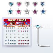 nsmhsm silver nose studs with heart star w center crystal