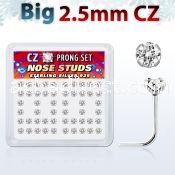 nszbc25 box of silver nose studs with 2 5mm clear prong set cz