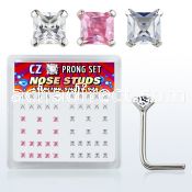 nszbqm silver nose studs w square assorted color prong cz