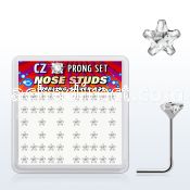 nszbsc box of silver nose studs with 3mm star clear prong cz