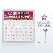 nszbsm box of silver nose studs w star assorted color prong cz