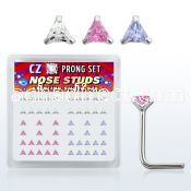 nszbtm silver nose studs w triangle assorted color prong cz