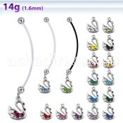 pnd472 pregnancy belly ring w dangling swan with crystals 