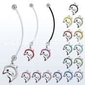 pnd672 pregnancy belly ring w dangling crystal studded dolphin 