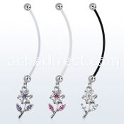 pndz178 pregnancy belly ring w dangling cz studded flower 