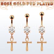 rose gold steel belly banana w cz & dangling ankh cross 