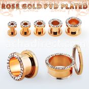 rose gold steel flesh tunnel w crystal studded rim