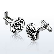 scl12 high polished steel cufflinks w cross flower on black