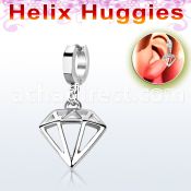 stainless steel huggie w a diamond shaped dangling 