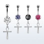 steel casting belly banana w cz & a dangling ankh cross 